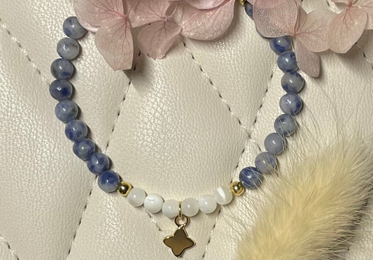 Sodalite, Shell Bead Bracelet with Clover Charm