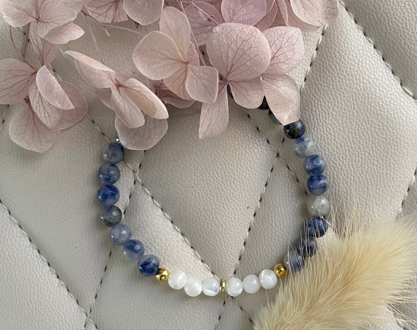 Sodalite, Shell Bead Bracelet with Clover Charm