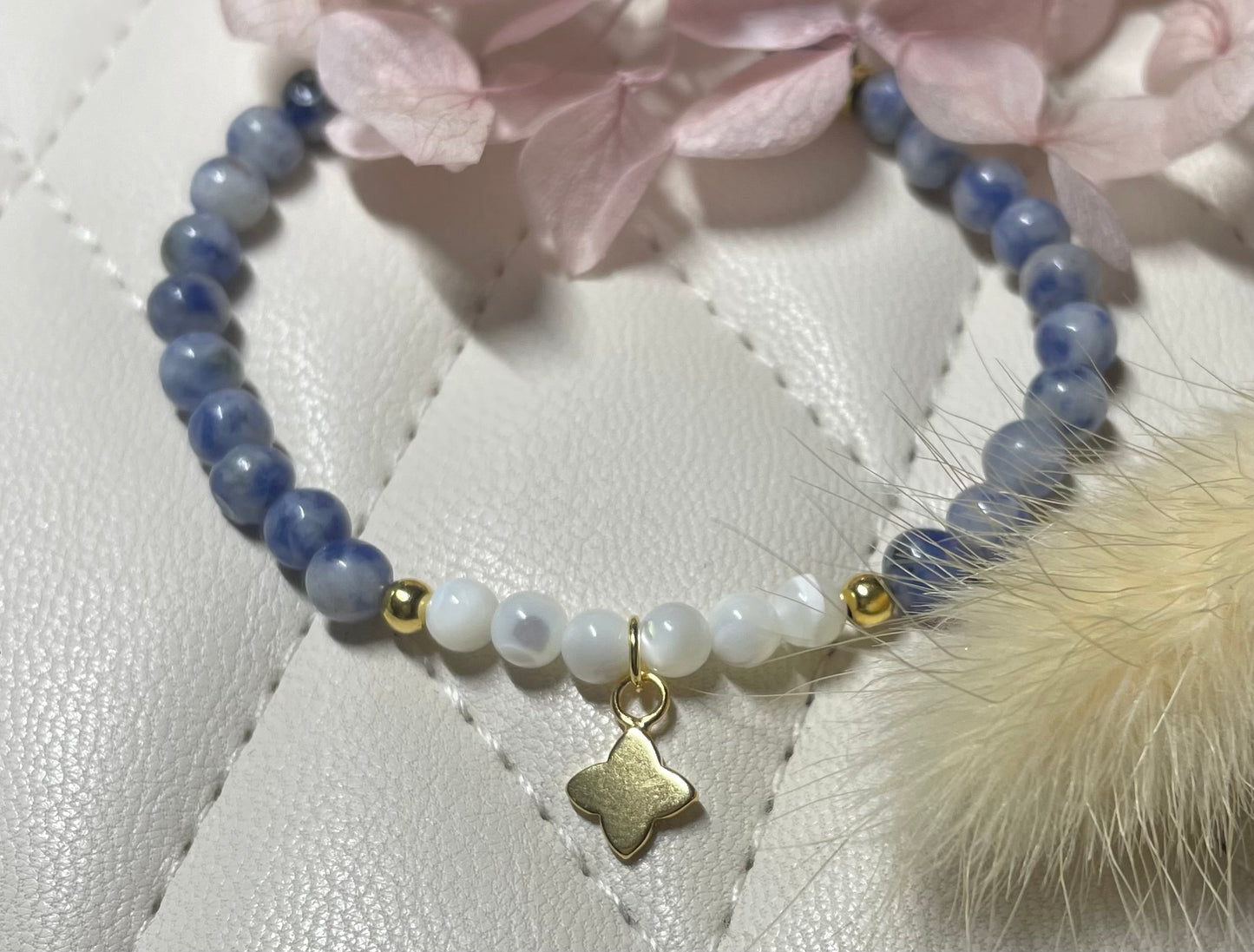 Sodalite, Shell Bead Bracelet with Clover Charm