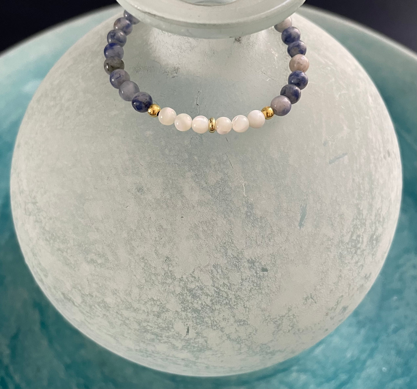 Sodalite, Shell Bead Bracelet with Clover Charm