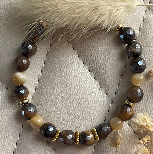 Tiger Eye, Mother of Pearl Bead Bracelet