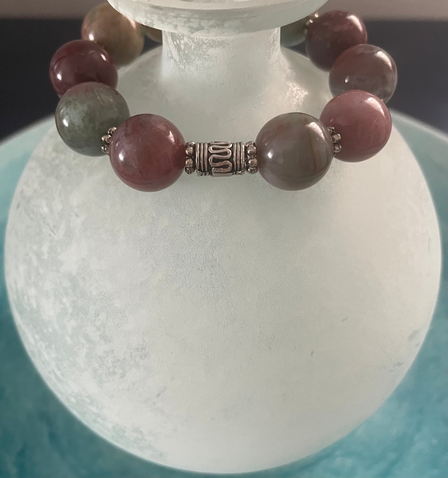 New! Agate Bead Stretch Bracelet with Sterling Silver